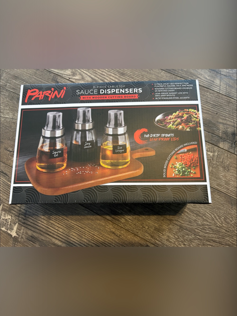 Parini Amber & Clear Glass Sauce Dispenser Set with Wooden Cutting Board